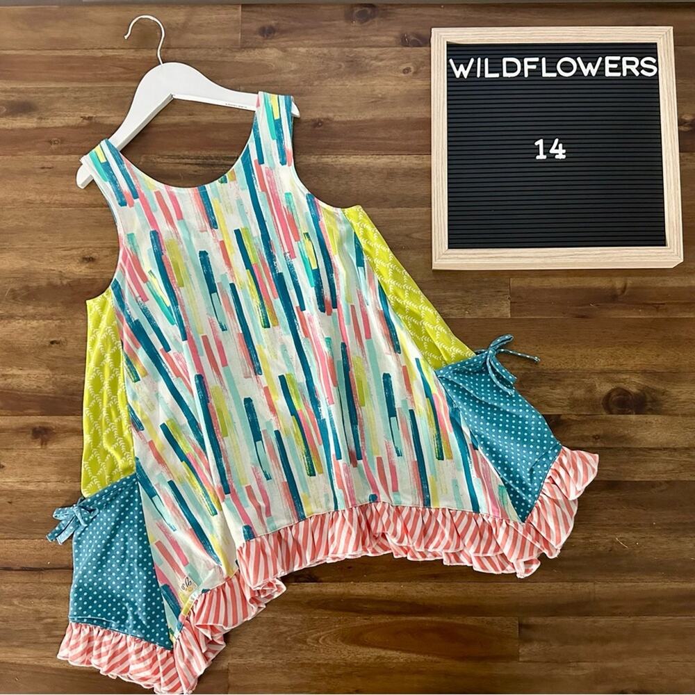 Wildflowers Best Day Ever Watercolor Top Blue Pink Green Sleeveless Knit 14